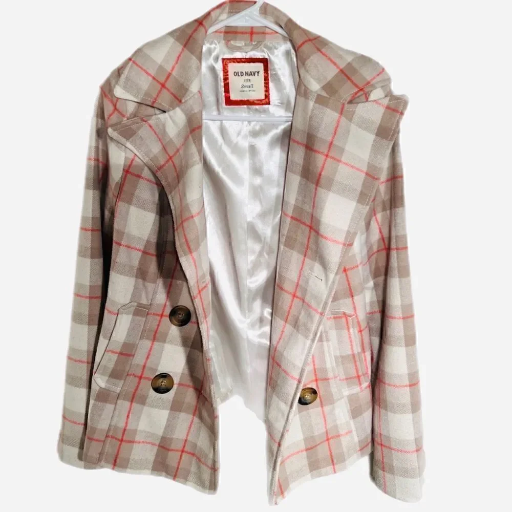 Pink & Beige Plaid Double Breasted Silk Lined Wool Peacoat NWOT